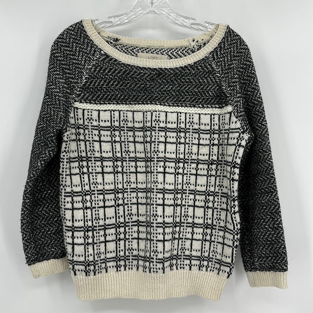 Ann Taylor LOFT Boat Neck Alpaca Blend Black Off White Sweater Size S